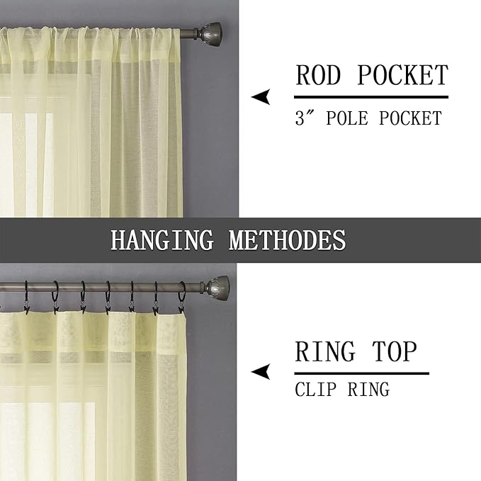 Tollpiz Sheer Curtains Bedroom Linen Textured Curtain Sheers Light Filtering Voile Rod Pocket Curtains for Living Room, 38 x 84 inches Long, Transparent Yellow, Set of 2 Panels