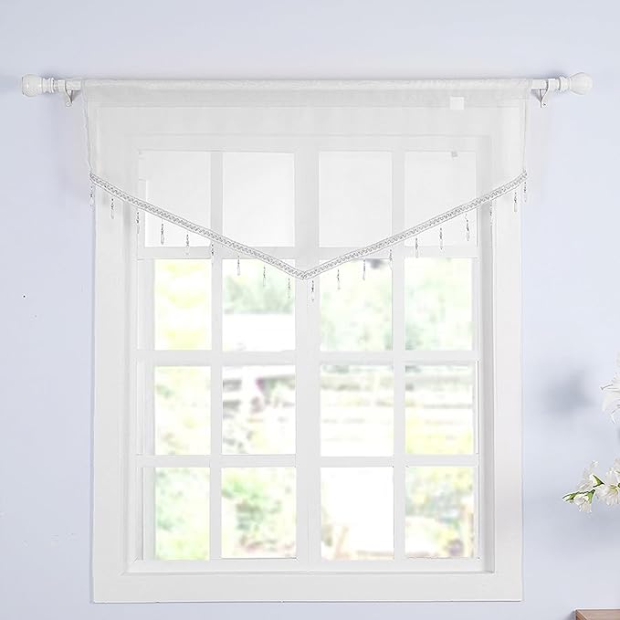 Molaxhome Swag Curtain 51 inch Length Rod Pocket Scalloped Curtain Valance Sheer Lace Panels with Hanging Crystal Beads for Kitchen Bedroom Window Treatments Drape Decor 1pc (White, 51Wx23L)