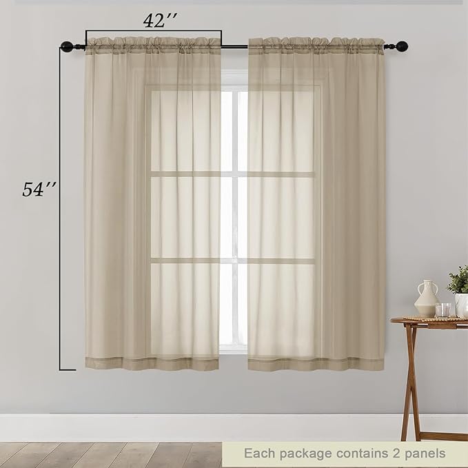 Sheer Taupe Curtains for Bedroom Living Room 54 Inch Length 2 Panels Set, Solid Soft Airy Light Filtering Window Treatments, Modern Rod Pocket Drapes, Taupe, 42" Wx54 L Inches