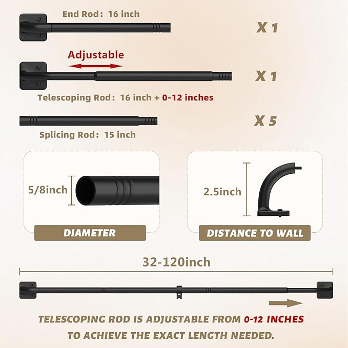 UIOSANRT Curtain Rods for Windows 66 to 120 Inch, 5/8" Diameter Black Ceiling Mount, Warp Around Long Curtain Rod for Bedroom Living Room Blackout