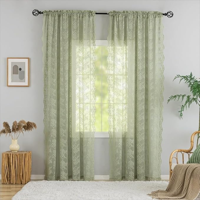 YJ YANJUN Vintage Lace Curtains 90 Inches Long-Victorian Floral Pattern Sage Green Sheer Curtains 2 Panels Embroidered Vine Tulle Voile Window Drapes Boho Aesthetic Decor 52 x 90 Inch Light Green