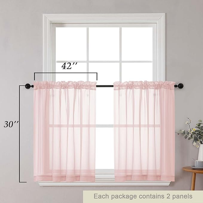 Blush Kitchen Curtains 30 Inch Length Tier 2 PCS, Solid Soft Airy Half Curtains for Windows, Blush Sheer Rod Pocket Drapes for Bathroom Basement Small Window, 42" Wx30 L Inches