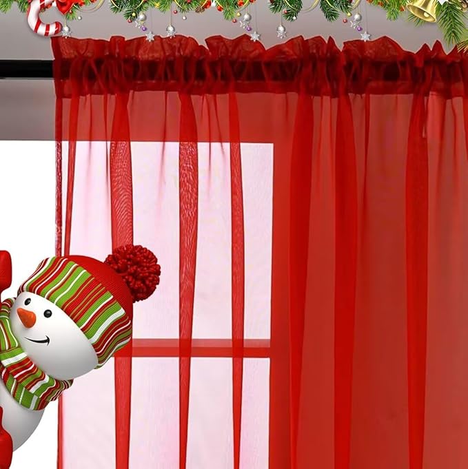 SpaceDresser Sheer Voile Window Treatment Rod Pocket Curtain Panels for Kitchen Bedroom Living Room Drapes Sunlight Filtering Privacy Semi Home Decor Assorted (Red, 52 W x 108 L)