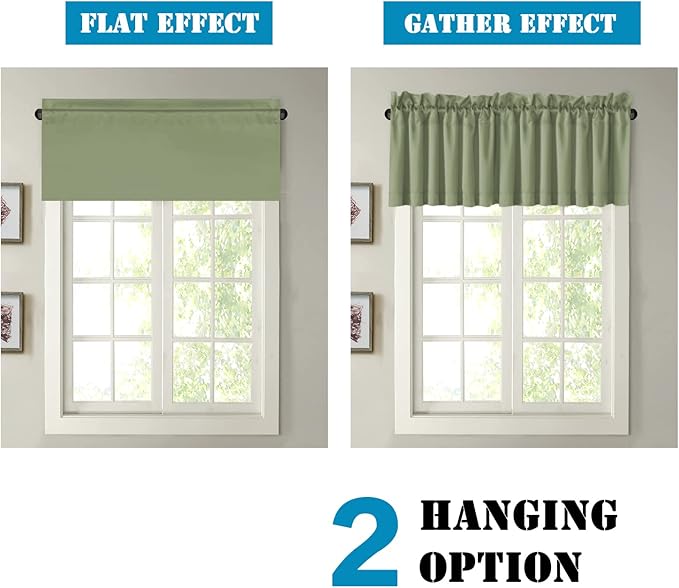 H.VERSAILTEX Blackout Kitchen Sage Green Curtain Valances,Short Window Valance Curtains for Living Room/Bedroom/Bathroom Privacy Decorative Rod Pocket Kitchen Valances，2 Panels，52" W x 18" L