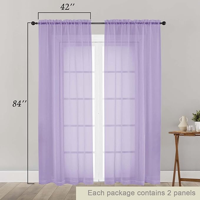 Lavender Sheer Curtains 84 Inches Long 2 Panels, Soft Airy Light Filtering Curtains for Bedroom Living Room, Modern Rod Pocket Privacy Drapes Window Treatments, Lavender, Total Wide 84 Inch