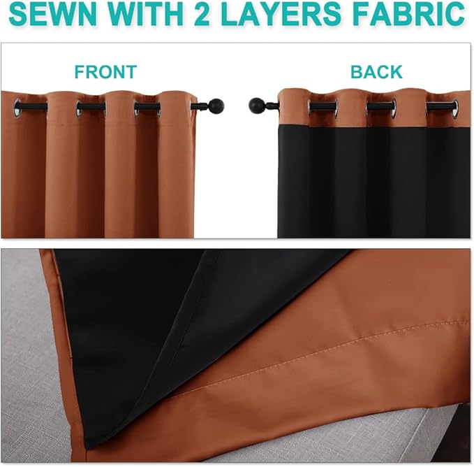 NICETOWN 100% Blackout Curtains for Windows, Pack of 2, Burnt Orange, 52" W x 102" L, Super Heavy-Duty Black Lined Total Darkness Drapes for Bedroom, Privacy Assured Window Treatment for Patio