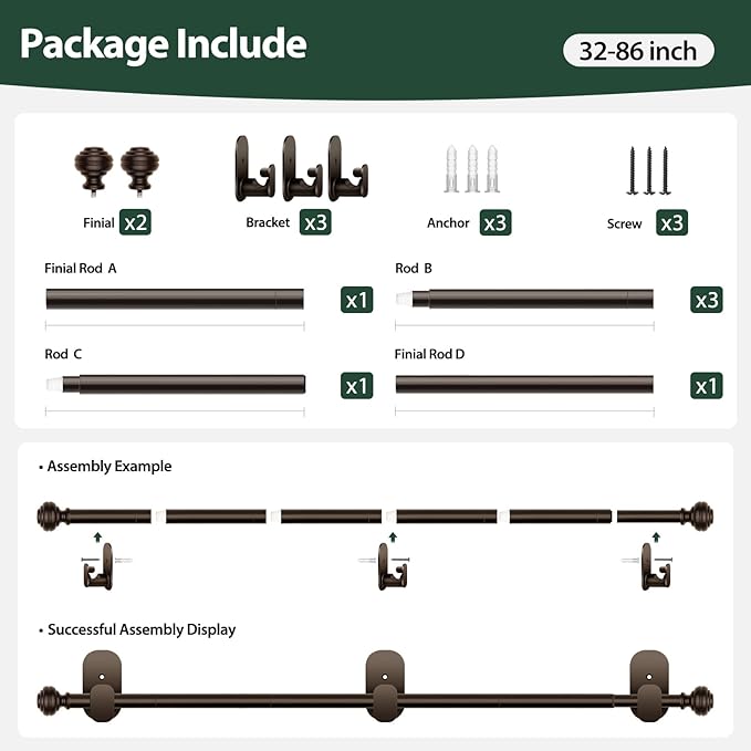 KAMANINA Curtain Rods No Drilling for Windows 32 to 86 Inches, 5/8 Inch Diameter Adjustable Curtain Pole with Adhesive Brackets, Bronze