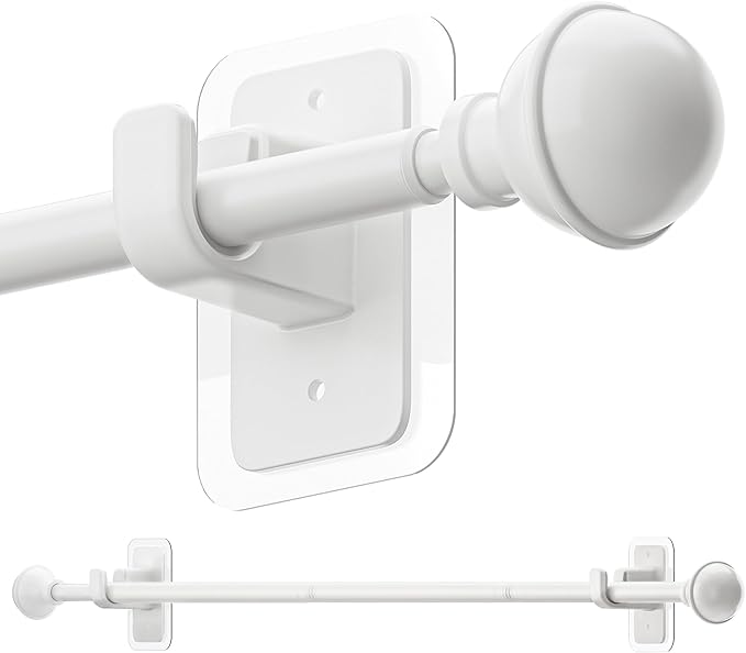 ENJOYBASICS No Drill Curtain Rods for Window 48 to 84 Inches, 5/8 Inch Diameter Renter Friendly Drapery Rod with Adhesive Brackets without Drilling, Adjustable from 27 to 90 Inches, White
