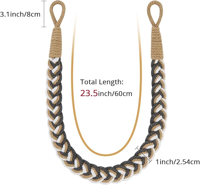 NICEEC 4 Pack Natural Cotton Rope Curtain Tiebacks Elegant Boho Style Decorative Drape Tie Backs Soft Hand-Woven Rope Curtain Holdbacks with Metal Hook for Home & Office Drapery (Grey & Beige)