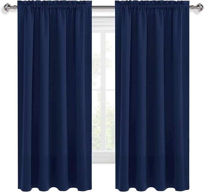 DWCN Short Blackout Curtains for Bedroom 45 Inches Long 2 Panels Set, Solid Thermal Insulated Energy Saving Window Treatment Drapes, Rod Pocket Curtains for Kids Boys Room (W52 x L45 Inch, Navy Blue)