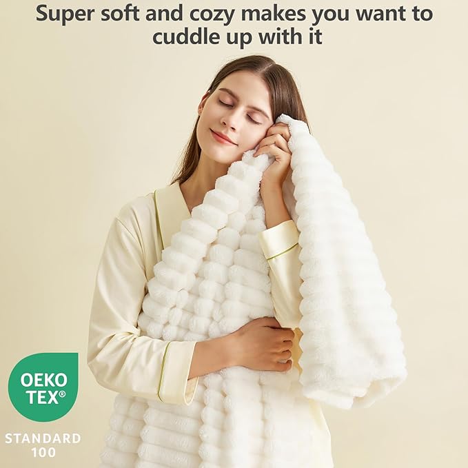 HIMEET Off White Ribbed Twin Blanket for Bed - 300GSM Lightweight Soft Fleece Blanket for Women, Cozy Blankets Graduation Birthday Gifts, Striped Spring Home School Dorm Decor, Off White, 60x80 Inches