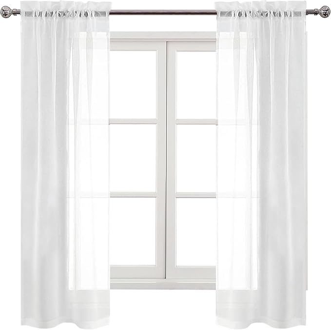 DWCN White Sheer Curtains 63 inch Length 2 Panels Set, Elegant Solid Color Kitchen Curtain for Small Window, Voile Top Dual Rod Pocket Curtains & Drapes for Living Room/Bedroom, 2pcs, Each W28 x L63