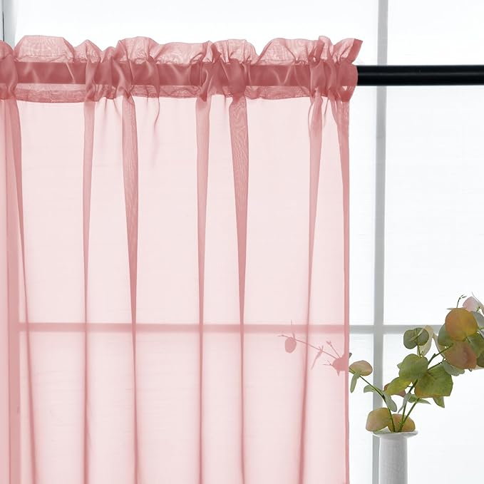 youleyar Solid Sheer Rod Pocket Curtain Voile Draperies 2 Panels White Beige Black Grey Coffee 52 Inch Width 90 Inch Long 1 Pair for Kitchen Bedroom Children Living Room Yard (Blush,52Wｘ90L)