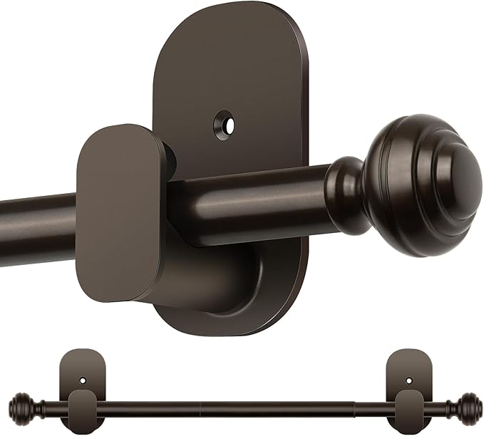 KAMANINA Curtain Rods No Drilling for Windows 32 to 58 Inches, 5/8 Inch Diameter Adjustable Single Drapery Pole with Adhesive Brackets, Bronze