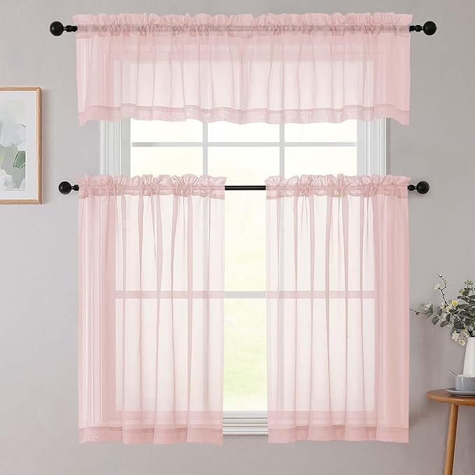 Kitchen Curtains 24 Inch Length Tier 2 Pieces, Blush Sheer Curtain Solid Soft Sheer Short Curtains for Windows, Cafe Bathroom Basement Rod Pocket Drapes, Blush, Each 42" Wx24 L Inches