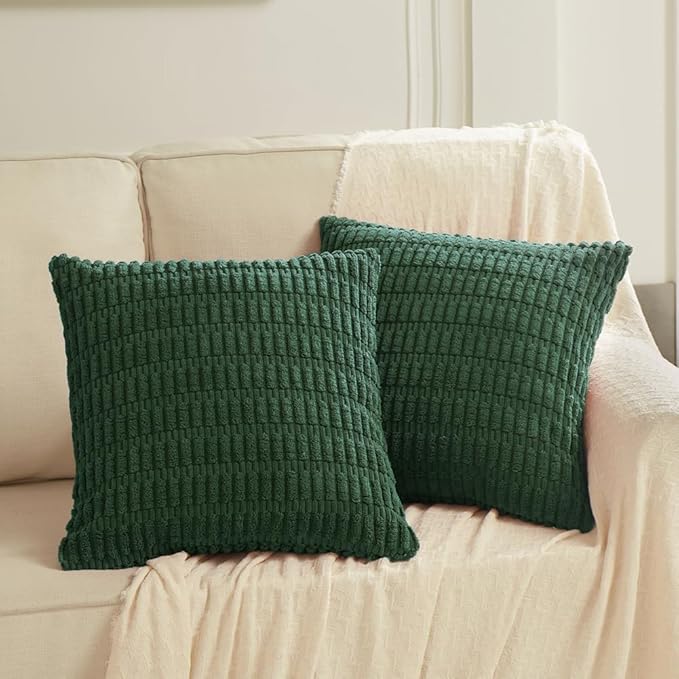 Fancy Homi Set of 4 Dark Green Boho Decorative Throw Pillow Covers 26x26 Inch for Couch Bed Sofa, Aesthetic Modern Bohemian Room Decor, Soft Fuzzy Fluffy Cozy Corduroy Textured Cushion Case 66x66cm