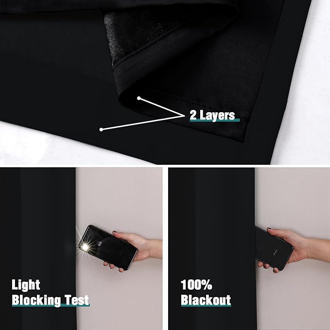 ChrisDowa 100% Blackout Curtains 80 inch Long for Bedroom with Black Liner, 2 Thick Layers Total Blackout Thermal Insulated Grommet Window Curtains 2 Panels Set (Black, 52 x 80 Inch)