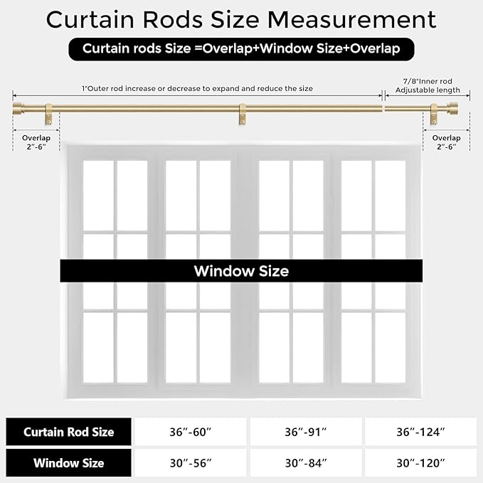 Modern Gold Curtain Rods for Windows 66 to 120 Inch, 1" Diameter Adjustable Heavy Duty Window Curtain Pole with Matte Gold End Cap Finials, Decorative Drapery Rods for Living Room, Bedroom