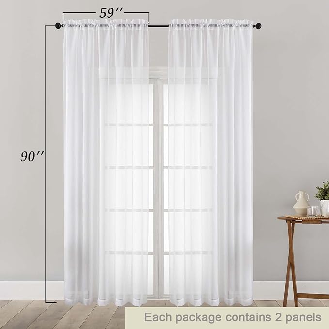 Sheer White Curtains for Bedroom Living Room 90 Inches Long 2 Panels Set, Soft Airy Light Filtering Sheer Window Treatments, Modern Rod Pocket Curtains Drapes, Each 59" Wx90 L Inch