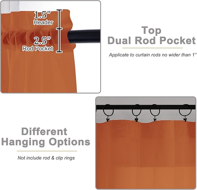Orange Sheer Curtain for Bedroom Living Room 72 Inches Long 2 Panels Set, Solid Soft Airy Light Filtering Sheer Window Curtains, Modern Rod Pocket Door Curtain, Orange, 42" Wx72 L Inches