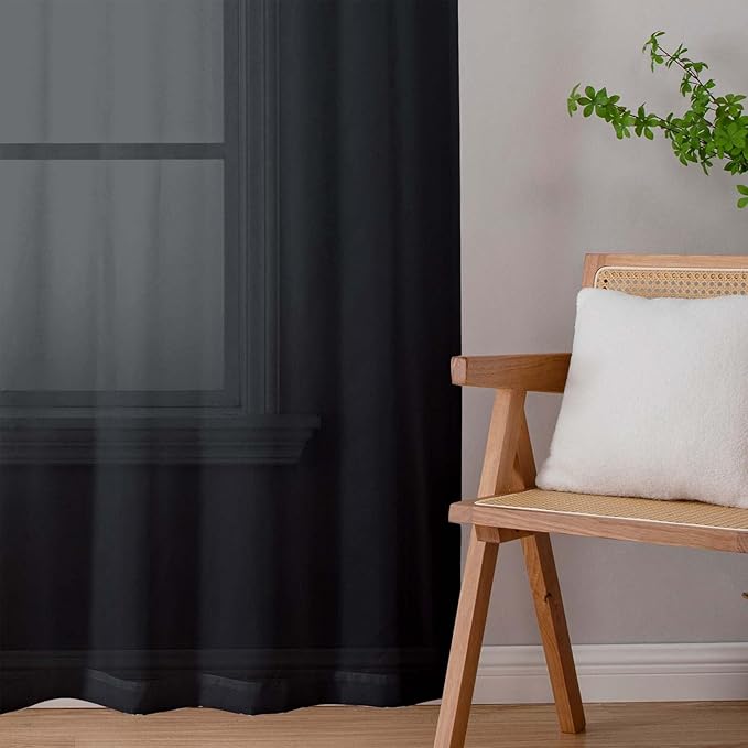 Sheer Black Curtains for Bedroom Living Room 54 Inch Length 2 Panels Set, Solid Soft Airy Light Filtering Window Treatments, Modern Rod Pocket Drapes, Black, 42" Wx54 L Inches
