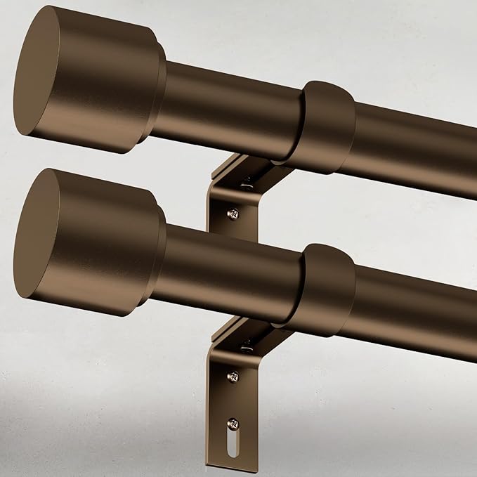 GEEBOBO 2 Pack Bronze Curtain Rods for Windows 66 to 120 Inch, 1 Inch Long Adjustable Heavy Duty Easy Install Curtain Rods Set for Outdoor, Farmhouse, Bedroom, Living Room (Bronze,30"-120",2 Pack)