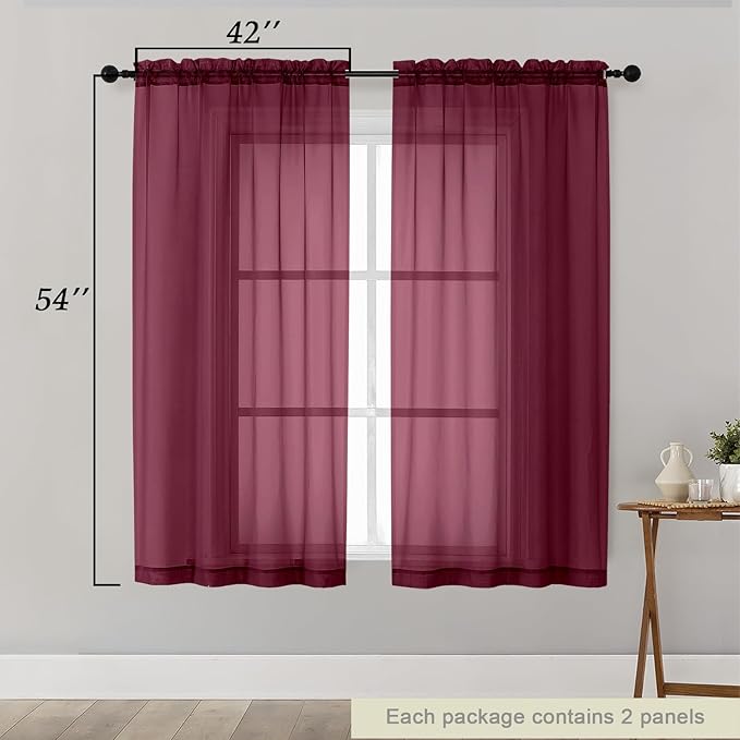 Burgundy Sheer Curtains for Bedroom Living Room 54 Inch Length 2 Panels Set, Solid Soft Airy Light Filtering Window Treatments, Modern Rod Pocket Drapes, Burgundy, 42" Wx54 L Inches