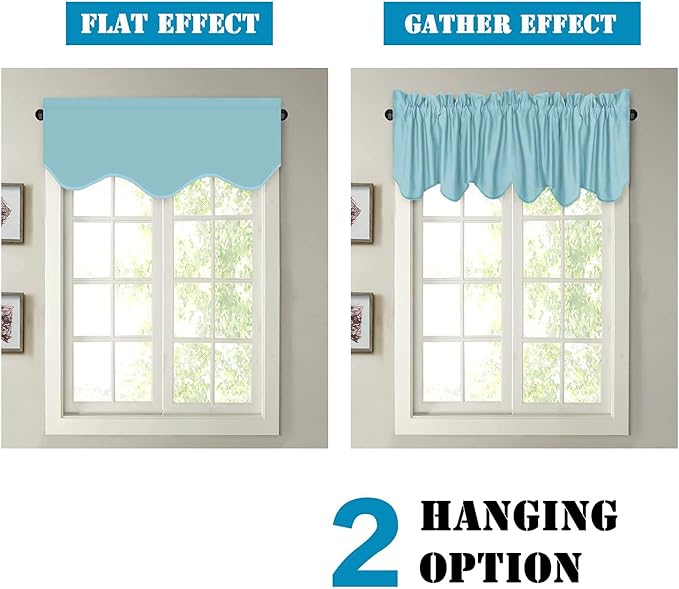 H.VERSAILTEX 2 Panels Blackout Curtain Valances for Kitchen Windows/Living Room/Bathroom Privacy Protection Rod Pocket Decoration Scalloped Window Valance Curtains, 52" W x 18" L, Aqua