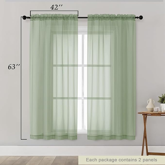 Sheer Sage Green Curtains for Bedroom Living Room 63 Inch Length 2 Panels, Airy Soft Light Filtering Sheer Dining Room Curtains, Modern Rod Pocket Drapes, Sage Green, Each 42" Wx63 L Inches