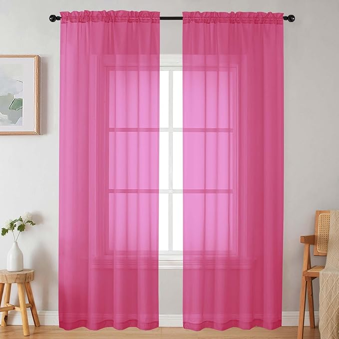 Sheer Hot Pink Curtains for Bedroom Living Room 90 Inches Long 2 Panels Set, Soft Airy Light Filtering Sheer Window Treatments, Modern Rod Pocket Curtains Drapes, Each 42" Wx90 L Inch