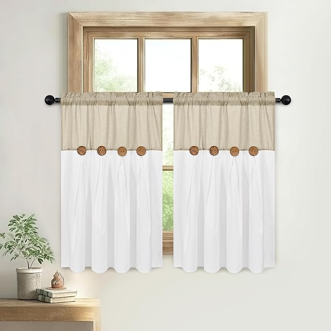 Boho Kitchen Curtains 36 Inch Length, Farmhouse Cotton Linen Tier Curtains, Rustic Button Short Curtain for Windows, Country Cafe Rod Pocket Small Window Curtain, Linen and White, 26x36