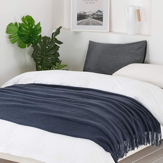 BOURINA Navy Throw Blanket 60x80 Inches Throw Textured Solid Soft Sofa Throw Couch Knitted Decorative Blanket