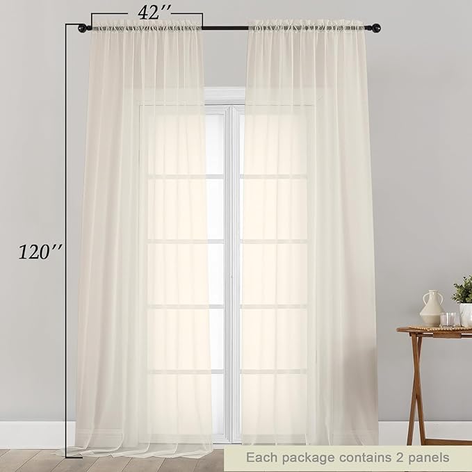 Extra Long Sheer Cream Curtains for Bedroom Living Room 120 Inches Long 2 Panels Set, Solid Soft Light Filtering Rod Pocket Sheer Window Curtains, Cream, Each 42" Wx120 L Inch