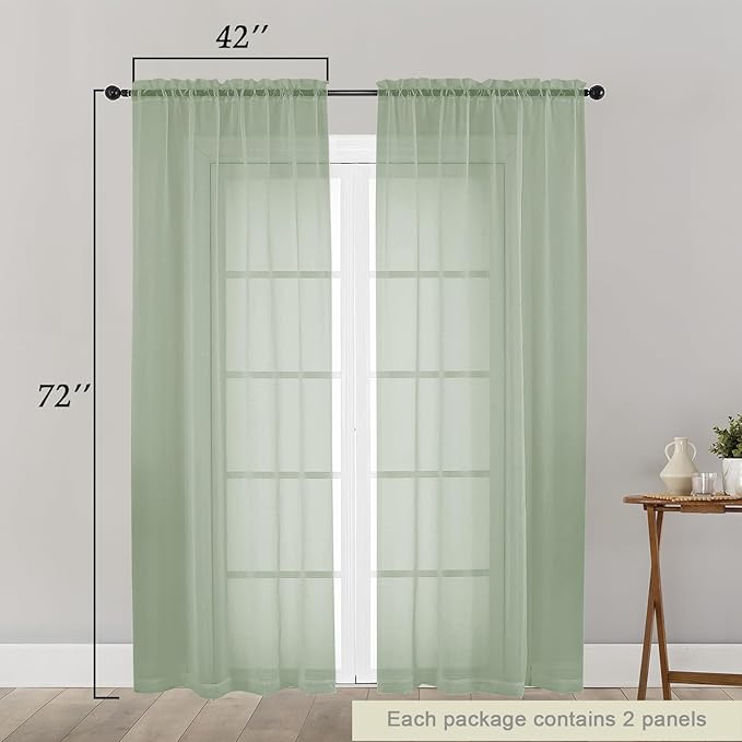 Sage Green Sheer Curtain for Bedroom Living Room 72 Inches Long 2 Panels Set, Solid Soft Light Filtering Sheer Window Curtains, Modern Rod Pocket Door Curtain, Sage Green, 42" Wx72 L Inches
