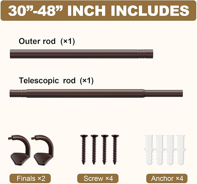 GXOACKJ Brown Curtain Rods for Windows 28 to 48 inch, 5/8 inch Adjustable Wrap Around Blackout Curtain Rods for Bedroom & Outdoor
