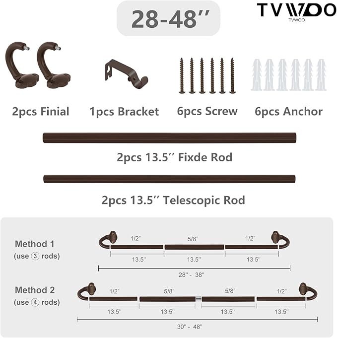 TVWOO Bronze Wrap Around Curtain Rods:5/8 Inch Blackout Adjustable Window Curtain Rod for Bedroom Kitchen Apartment Renter Friendly,Room Darkening Curved Drapery Rods Easy Install,Antique Brown 28-48"