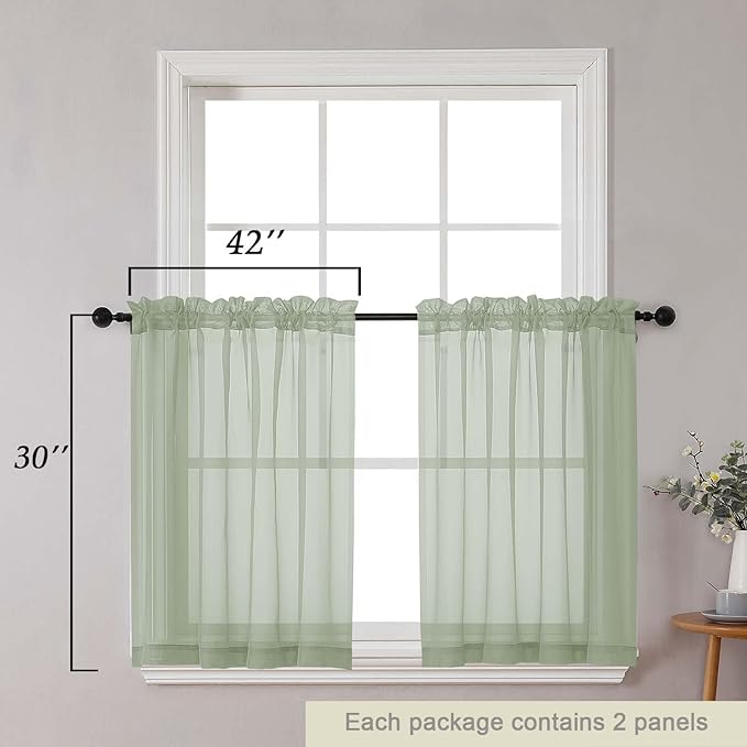 Sage Green Kitchen Curtains 30 Inch Length Tier 2 PCS, Solid Soft Half Curtains for Windows, Sage Green Sheer Rod Pocket Drapes for Bathroom Basement Small Window Curtain, 42" Wx30 L Inches