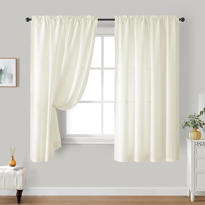 HOMEIDEAS Non-See-Through Cream Yellow Privacy Sheer Curtains 52 X 63 Inches Long 2 Panels Light Yellow Sheer Curtains Light Filtering Window Curtains Drapes for Bedroom Living Room