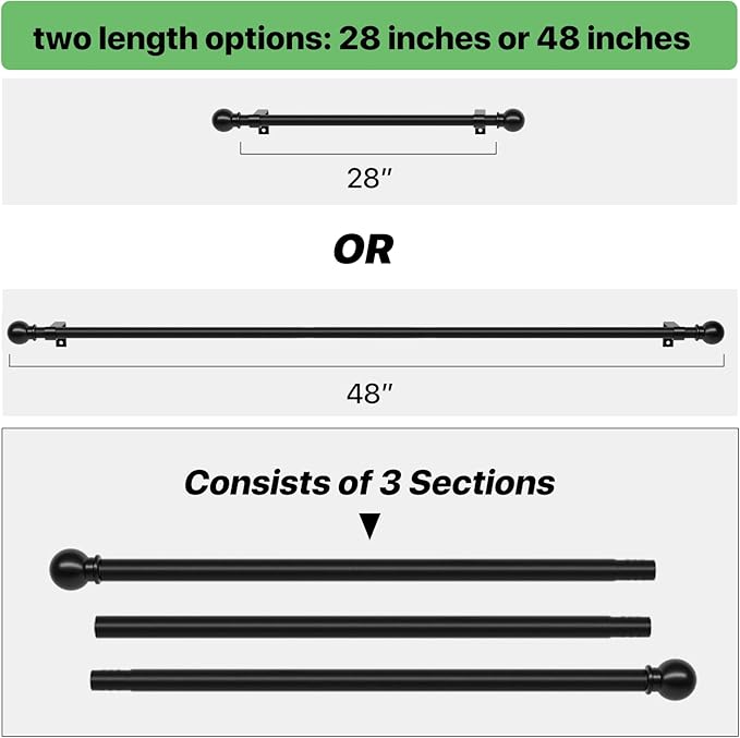 Curtain Rods for Windows 28 to 48 inch, 5/8 inch Black Curtain Rod Set with Brackets, Splicing Adjustable Metal Drapery Rod for Bedroom, Kitchen, Living Room, Matte Black