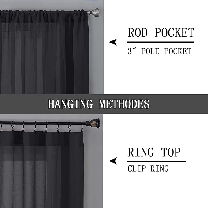Tollpiz Sheer Curtains Linen Textured Bedroom Curtain Sheers Light Filtering Rod Pocket Voile Curtains for Living Room, 54 x 84 inches Long, Black, Set of 2 Panels