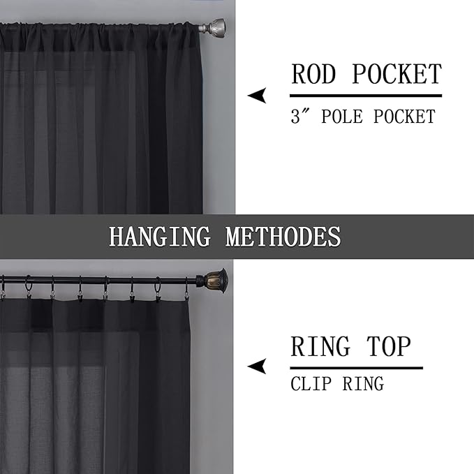 Tollpiz Sheer Curtain Linen Textured Living Room Curtains Sheer Light Filtering Rod Pocket Voile Curtain for Bedroom, 54 x 72 inches Long, Black, Set of 2 Panels