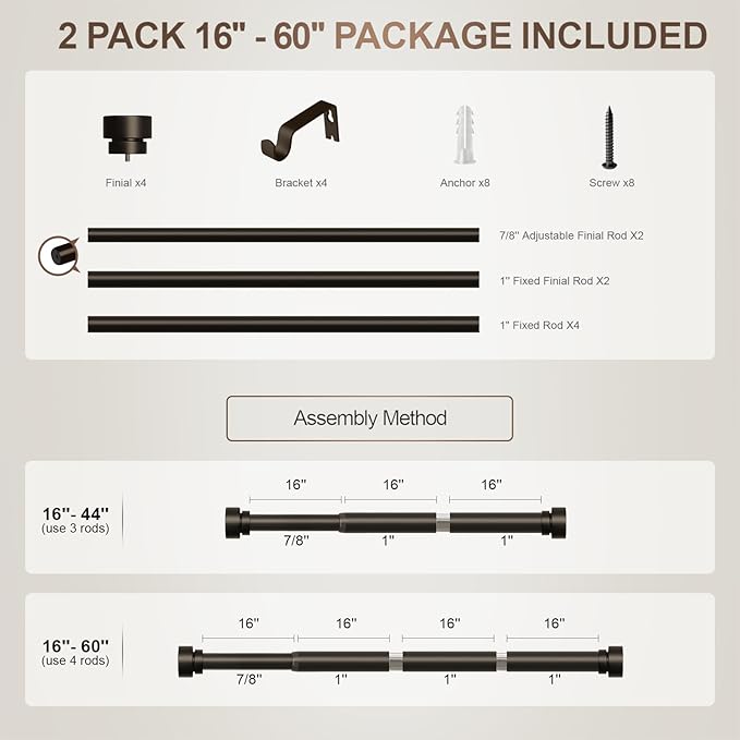 Lootkell 2 Pack Modern Brown Curtain Rods Set for Windows 28 to 48 Inches Adjustable Length Heavy Duty 1" Diameter Window Curtain Rod with Decorative Finials for Outdoor Bedroom Kitchen Living Room
