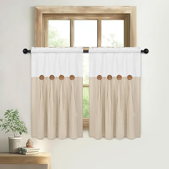 Boho Kitchen Curtains 36 Inch Length, Farmhouse Cotton Linen Tier Curtains, Rustic Button Short Curtain for Windows, Country Cafe Curtain, Rod Pocket Small Window Drapes, White and Linen, 26x36