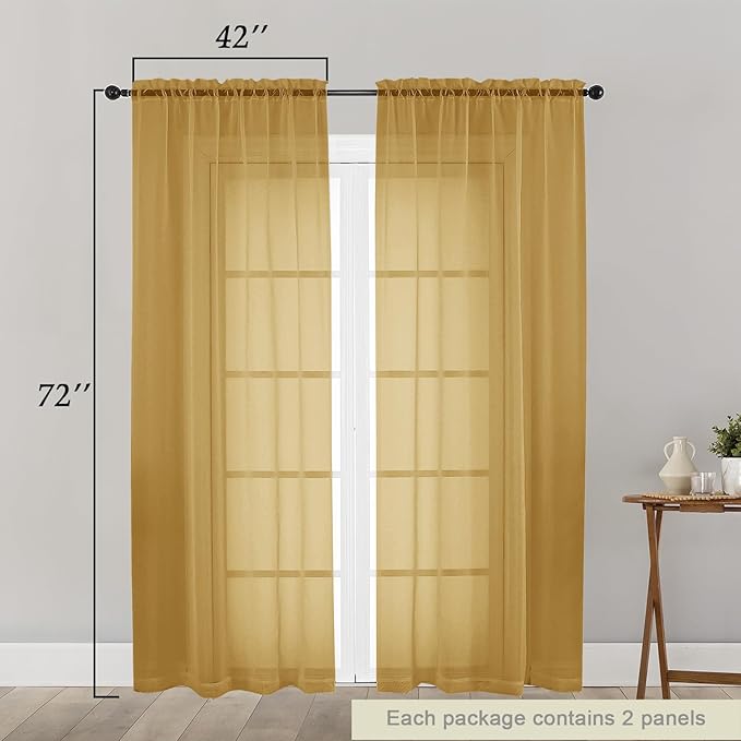Gold Sheer Curtain for Bedroom Living Room 72 Inches Long 2 Panels Set, Solid Soft Airy Light Filtering Sheer Window Curtains, Modern Rod Pocket Door Curtain, Gold, 42" Wx72 L Inches