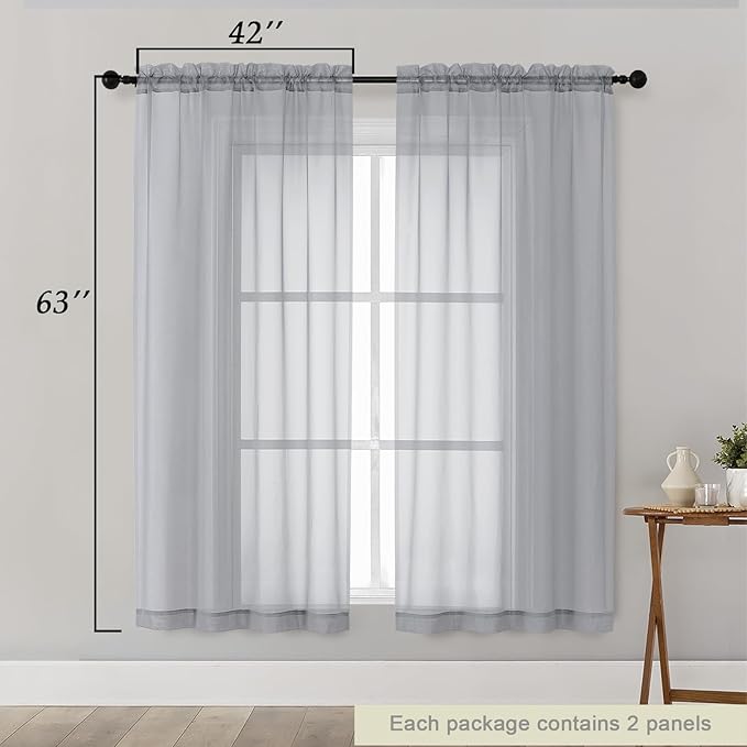 Sheer Light Grey Curtains for Bedroom Living Room 63 Inch Length 2 Panels, Airy Soft Light Filtering Sheer Dining Room Curtains, Modern Rod Pocket Drapes, Light Grey, Each 42" Wx63 L Inches