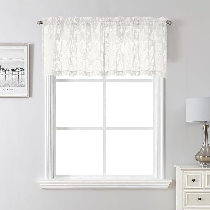 Lecloud Leia Ivory Sheer Valances for Windows 18 Inch Length 2 Pcs, Dual Rod Pocket Small Voile Kitchen Curtains, Jacquard Leaf Textured Cafe Curtains for Bathroom RV, Each Panel 28" W x 18" L