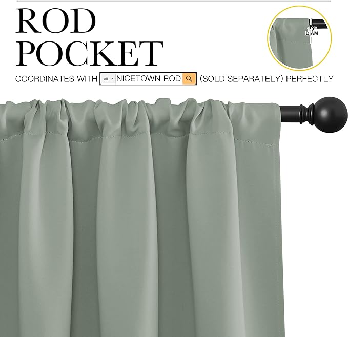 NICETOWN Window Curtains Blackout Drapes - Thermal Insulated Solid Rod Pocket Blackout Curtains/Draperies for Living Room (Sage Green, One Pair, 34 by 40-Inch)