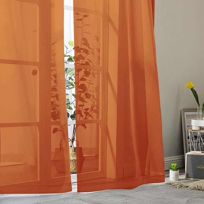 Orange Sheer Curtain for Bedroom Living Room 72 Inches Long 2 Panels Set, Solid Soft Airy Light Filtering Sheer Window Curtains, Modern Rod Pocket Door Curtain, Orange, 42" Wx72 L Inches