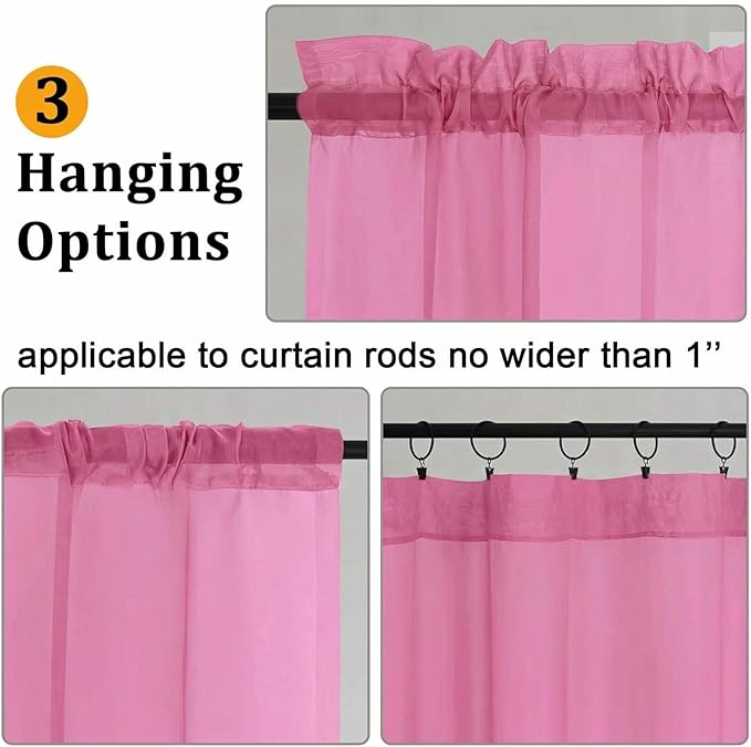 Gwine Short Kitchen Sheer Curtains 30 Inch Length - Light Filtering Voile Small Half Window Curtain for Basement, Rod Pocket Cafe Curtains for Bathroom Cabinet, 42Wx30L Inch, 2 Panels, Hot Pink