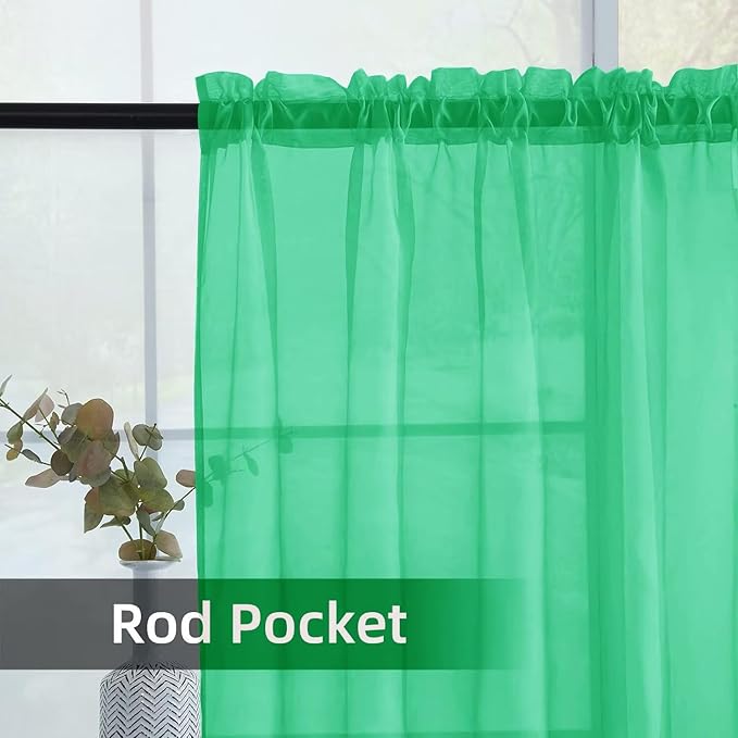 youleyar Solid Sheer Rod Pocket Curtain Voile Draperies 2 Panels White Beige Black Grey Ivory 52 Inch Width 72 Inch Long 1 Pair for Kitchen Bedroom Children Living Room Yard (Grass Green,52Wｘ72L)